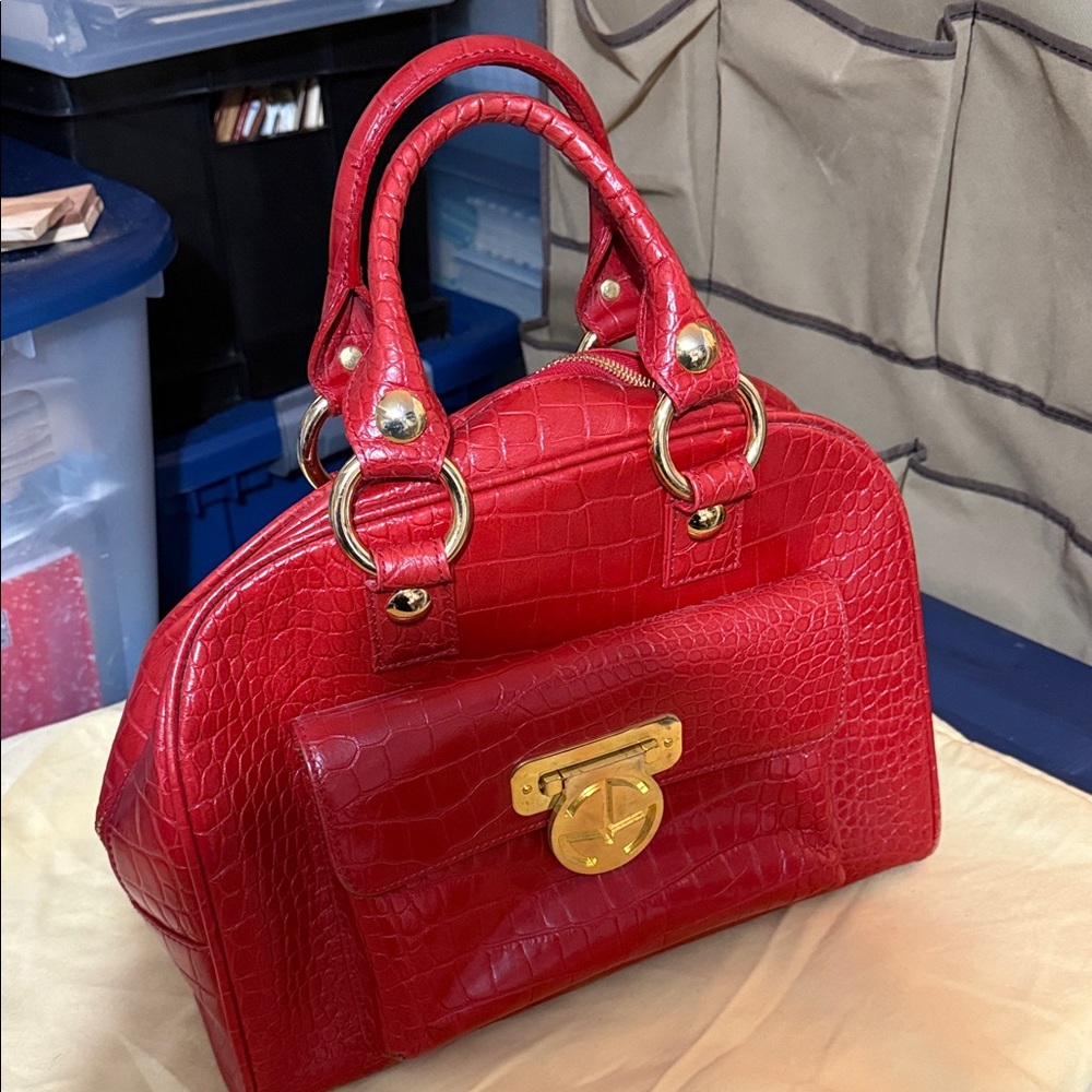 Samantha Thavasa Red Crocodile-Embossed Satchel